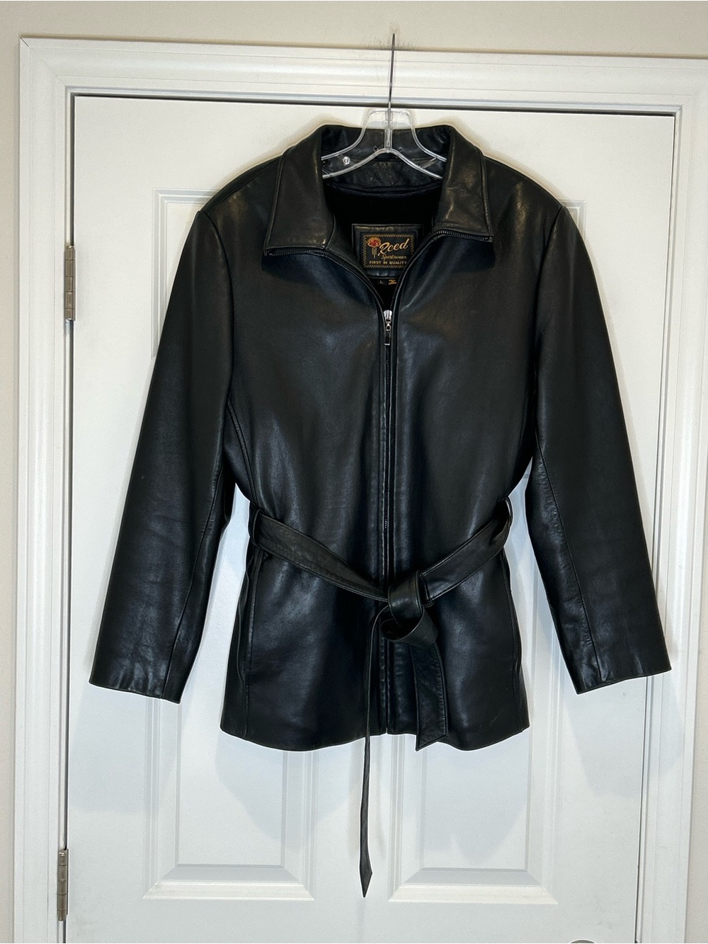 Reed Sportswesr Women's Black Leather Belted Jacket Size L Lined Vintage
